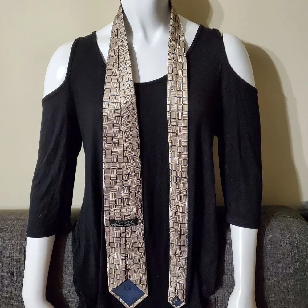 Jos A Bank Tan & Blue Square Patterned Silk Tie